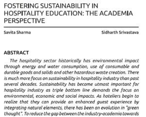 Fostering Sustainability In Hospitality Education -The Academia Perspective | Savita Sharma & Sidharth Srivastava