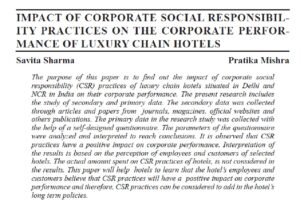 Impact Of Corporate Social Responsibility Practices On The Corporate Performance Of Luxury Chain Hotels |  Savita Sharma & Pratika Mishra
