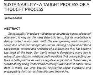 Sustainability - A Taught Process Or A Thought Process | Saniya S. Sahai