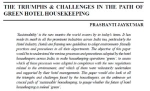 The Triumphs & Challenges In The Path Of Green Hotel Housekeeping | Prashanti Jaykumar