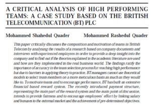 A Critical Analysis Of High Performing Teams: A Case Study Based On The British Telecommunication (Bt) Plc | Mohammed Shahedul Quader & Mohammed Rashedul