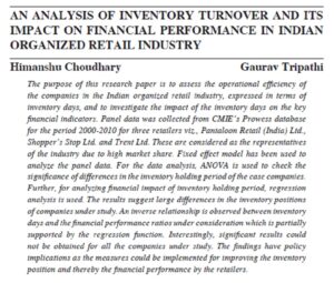 An Analysis Of Inventory Turnover And Its Impact On Financial Performance In Indian Organized Retail Industry | Himanshu Choudhary  & Gaurav Tripathil