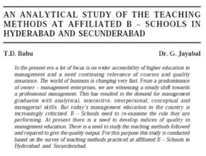 An Analytical Study Of The Teaching Methods At Affiliated B Schools In Hyderabad And Secunderabad | T.D. Babu & G. Jayabal