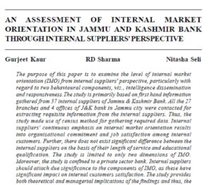 An Assessment Of Internal Market Orientation In Jammu And Kashmir Bank Through Internal Suppliers' Perspective | Gurjeet Kaur, RD Sharma & Nitasha Seli