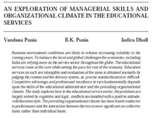 An Exploration Of Managerial Skills And Organizational Climate In The Educational Services | Vandana Punia, B.K. Punia & Indira Dhull