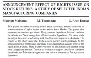 Announcement Effect Of Rights Issue On Stock Returns: A Study Of Selected Indian Manufacturing Companies | Madhuri Malhotra,  M. Thenmozhi &  G. Arun Kumar