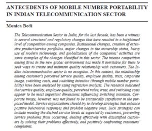 Antecedents Of Mobile Number Portability In Indian Telecommunication Sector | Monica Bedi