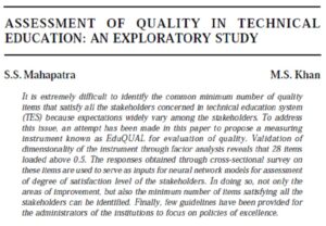 Assessment Of Quality In Technical Education: An Exploratory Study | S. S. Mahapatra & M. S. Khan