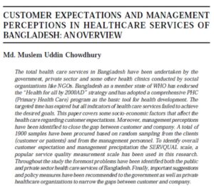 Customer Expectations And Management Perceptions In Healthcare Services Of Bangladesh: An Overview | Md. Muslem Uddin Chowdhury