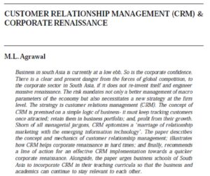 Customer Relationship Management (CRM) & Corporate Renaissance | M.L. Agrawal