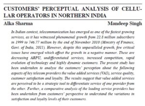 Customers' Perceptual Analysis Of Cellular Operators In Northern India | Alka Sharma Mandeep Singh