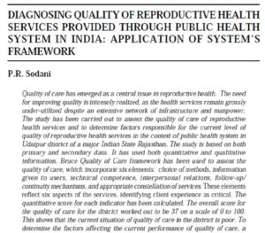 Diagnosing Quality Of Reproductive Health Services Provided Through Public Health System In India: Application Of System's Framework | P. R. Sodani