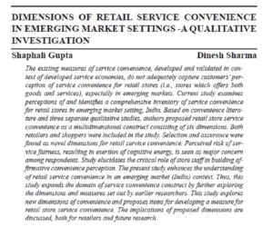 Dimensions Of Retail Service Convenience In Emerging Market Settings - A Qualitative Investigation | Shaphali Gupta & Dinesh Sharma
