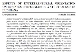 Effects Of Entrepreneurial Orientation On Business Performance: A Study Of SSIs In Ludhiana | Gurjeet Kaur & Stanzin Mantok