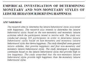 Empirical Investigation Of Determining Monetary And Non-Monetary Styles Of Leisure Behaviour Deriving Happiness | A. M. Sakkthivel