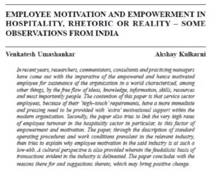Employee Motivation And Empowerment In Hospitality, Rhetoric Or Reality ? Some Observations From India | Venkatesh Umashankar & Akshay Kulkarni