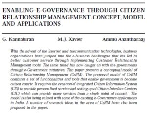 Enabling E-Governance Through Citizen Relationship Management-Concept, Model And Applications | G. Kannabiran,  M.J. Xavier  & Ammu Anantharaaj