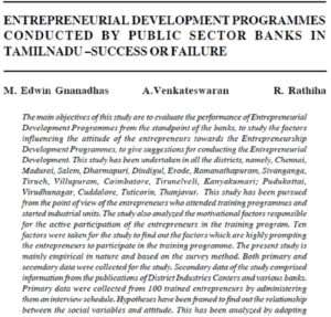 Entrepreneurial Development Programmes Conducted By Public Sector Banks In Tamilnadu - Success Or Failure | M. Edwin Gnanadhas,  A.Venkateswaran & R. Rathiha