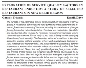 Exploration Of Service Quality Factors In Restaurant Industry: A Study Of Selected Restaurants In New Delhi Region | Gaurav Tripathi & Kartik Dave