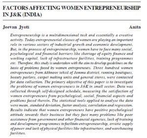 Factors Affecting Women Entrepreneurship In J&K (India) | Jeevan Jyoti  & Anita
