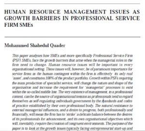 Human Resource Management Issues As Growth Barriers In Professional Service Firm SMEs | Mohammed Shahedul Quader