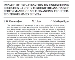 Impact Of Privatization On Engineering Education - A Study Through The Analysis Of Performance Of Self-Financing Engineering Programmes In India | K.G. Viswanadhan, N.J. Rao  & C. Mukhopadhyay