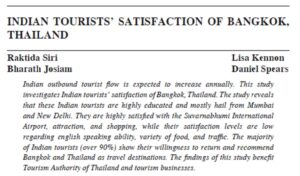 Indian Tourists' Satisfaction Of Bangkok, Thailand | Raktida Siri, Lisa Kennon, Bharath Josiam & Daniel Spears