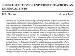 Job Satisfaction Of University Teachers:An Empirical Study | R.D. Sharma & Jeevan Jyoti