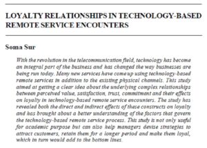 Loyalty Relationships In Technology-Based Remote Service Encounters | Soma Sur