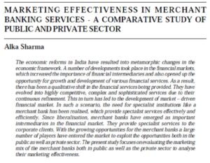 Marketing Effectiveness In Merchant Banking Services - A Comparative Study Of Public And Private Sector | Alka Sharma