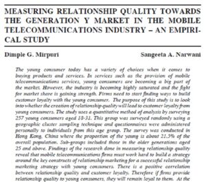 Measuring Relationship Quality Towards The Generation Y Market In The Mobile Telecommunications Industry - An Empirical Study | Dimple G. Mirpuri & Sangeeta A. Narwani
