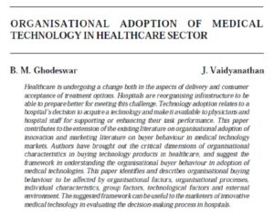 Organisational Adoption Of Medical Technology In Healthcare Sector | B. M. Ghodeswar & J. Vaidyanathan