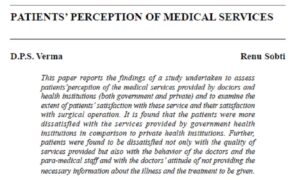 Patients' Perception Of Medical Services | D. P .S. Verma & Renu Sobtii
