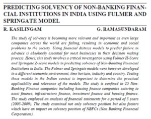 Predicting Solvency Of Non-Banking Financial Institutions In India Using Fulmer And Springate Model | R. KASILINGAM & G. RAMASUNDARAM