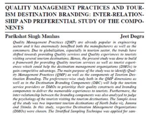 Quality Management Practices And Tourism Destination Branding: Inter-Relationship And Preferential Study Of The Components | Parikshat Singh Manhas & Jeet Dogra