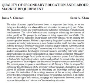 Quality Of Secondary Education And Labour Market Requirement | Juma S. Ghailani & Sami A. Khan