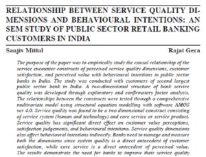 Relationship Between Service Quality Dimensions And Behavioural Intentions: An Sem Study Of Public Sector Retail Banking Customers In India | Sanjiv Mittal & Rajat Gera