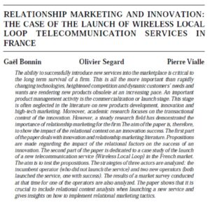 Relationship Marketing And Innovation: The Case Of The Launch Of Wireless Local Loop Telecommunication Services In France | Ga'l Bonnin, Olivier Segard & Pierre Vialle