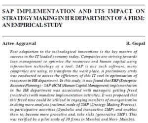 SAP Implementation And Its Impact On Strategy Making In H R Department Of A Firm: An Empirical Study | Artee Aggrawal & R. Gopal