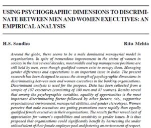 Using Psychographic Dimensions To Discriminate Between Men And Women Executives: An Empirical Analysis | H.S. Sandhu & Ritu Mehta