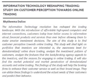 Information Technology Reshaping Trading: Study On Customer Perception Towards Online Trading | Rhytheema Dulloo