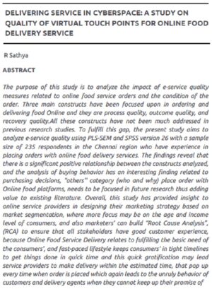 Delivering Service In Cyberspace: A Study On Quality Of Virtual Touch Points For Online Food  Delivery Service | R Sathya