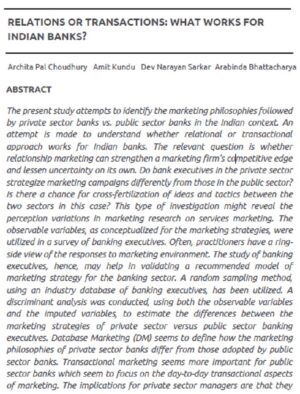 Relations Or Transactions: What Works For Indian Banks? | Archita Pal Choudhury, Amit Kundu, Dev Narayan Sarkar & Arabinda Bhattacharya