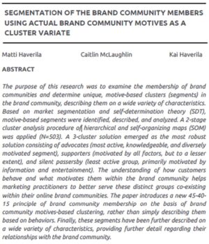 Segmentation Of The Brand Community Members Using Actual Brand Community Motives As A Cluster Variate | Matti Haverila, Caitlin McLaughlin & Kai Haverila