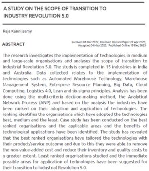 A Study On The Scope Of Transition To Industry Revolution 5.0 | Raja Kannusamy