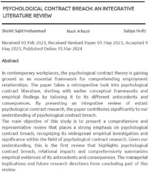 Psychological Contract Breach: An Integrative Literature Review | Sheikh Sajid Mohammad, Nazir A Nazir & Sabiya Mufti