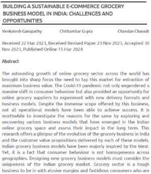 Building A Sustainable E-Commerce Grocery Business Model In India: Challenges And Opportunities | Venkatesh Ganapathy, Chithambar Gupta & Chandan Chavadi