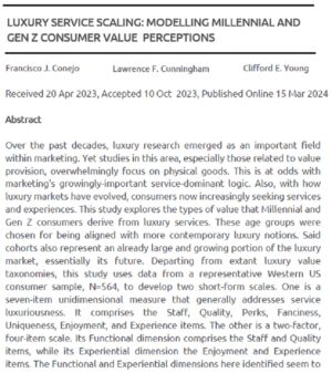 Luxury Service Scaling: Modelling Millennial And Gen Z Consumer Value Perceptions | Francisco J. Conejo, Lawrence F. Cunningham & Clifford E. Young