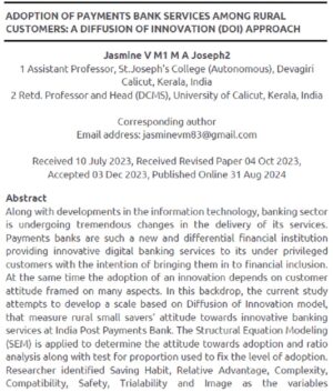 Adoption Of Payments Bank Services Among Rural Customers: A Diffusion Of Innovation (DOI) Approach | Jasmine V M & M A Joseph