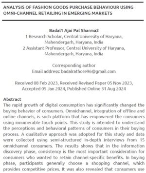 Analysis Of Fashion Goods Purchase Behaviour Using Omni-Channel Retailing In Emerging Markets | Badal & Ajai Pal Sharma